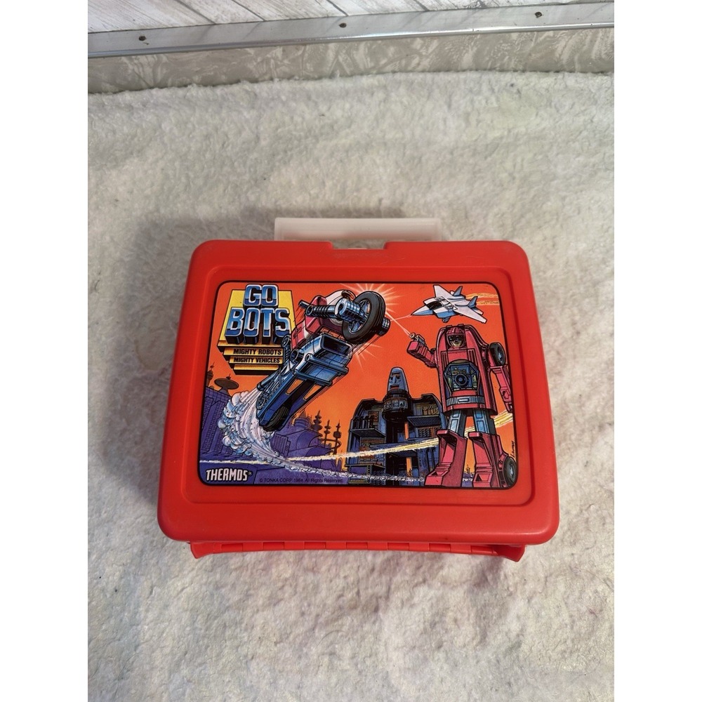 Vintage Go Bots Red Thermos Plastic Lunch Box 1984 Tonka Corp WITH Thermos